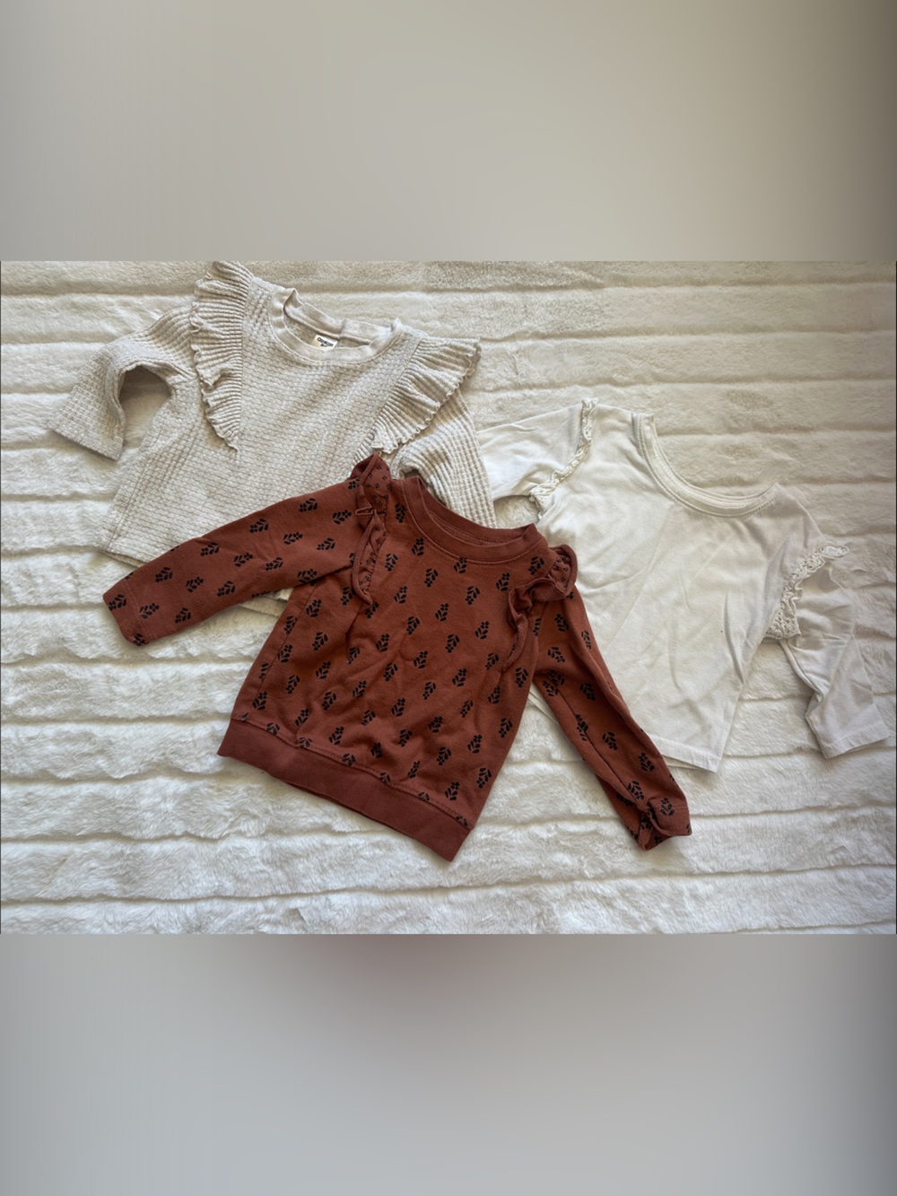 3 Kids Long Sleeve Tops - Rust Floral Knit, Cream Waffle Knit & White Ruffle Top
